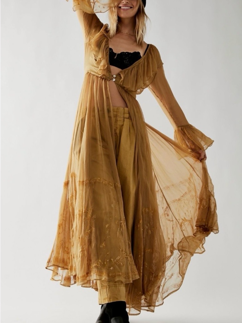 Free People Sheer Golden Brown Flora Ruffled Maxi Duster